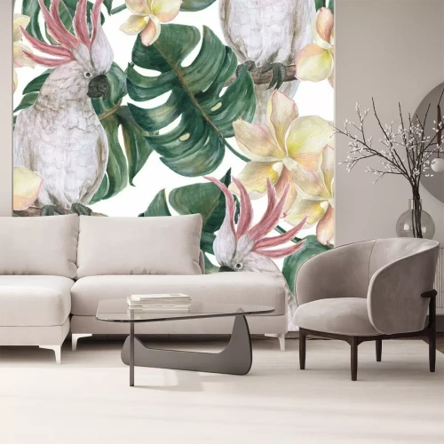 Sticker Aquarell, das nahtloses Muster mit tropischen deliciosa Blättern, Plumeriablumen und Kakadu malt