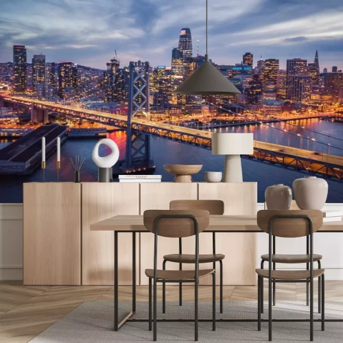 Fototapete Blick auf eine beleuchtete Brücke bei Nacht