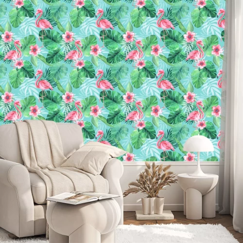 Tapete Muster mit stehenden Flamingos Blumen und Blättern