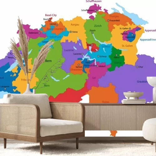 Sticker Bunte Schweiz-Karte mit Staaten und Hauptstädte