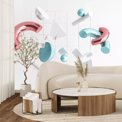 Sticker 3D rendern realistische Grundelementzusammensetzung.  Fliegende Formen in Bewegung lokalisiert auf weißem Hintergrund.  Abstraktes Thema für trendige Designs.  Kugeln, Torus, Röhren, Zapfen in metalli