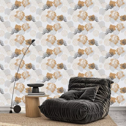 Tapete Modernes Blumenmuster im Halbtonstil.  Nahtlose Vektorverzierung mit Blumen und geometrischen Formen.  Pfingstrosen auf grauem Hintergrund