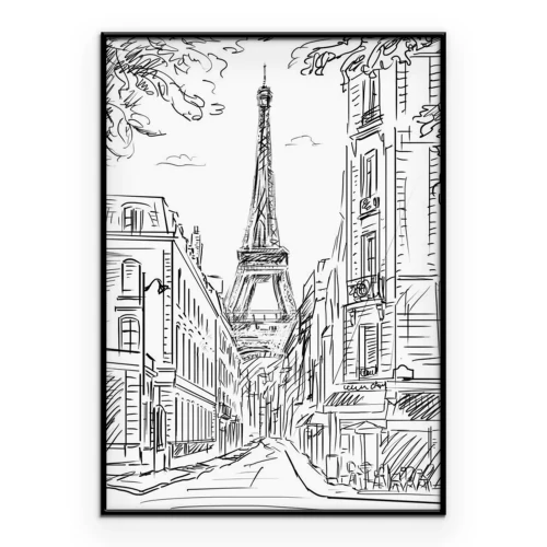 Poster Eine Straße in Paris, die zum Eiffelturm führt, im Stil einer Zeichnung