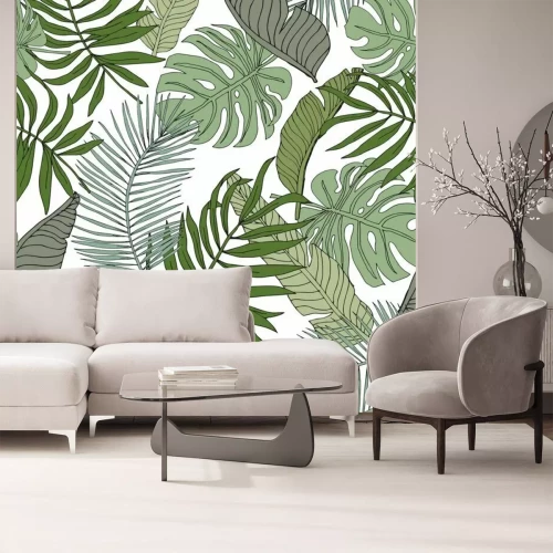 Sticker Grüne Banane, Monstera, Palmblätter mit weißem Hintergrund.  Vektor nahtloses Muster.  Tropische Dschungellaubillustration.  Exotisches Pflanzengrün.  Blumenmuster des Sommerstrandes.  Paradies Naturg