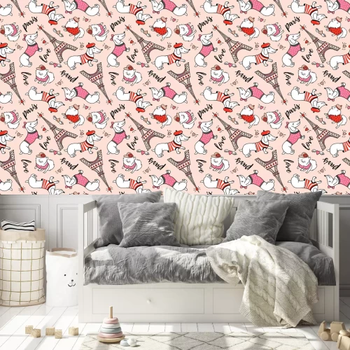 Tapete Nahtloses Muster des französischen Arthundes auf rosa Hintergrund.  Niedlicher Karikatur-Pariser Dackel und Eiffelturmvektorillustration.  Französischer Stil gekleideter Hund mit roter Baskenmütze.