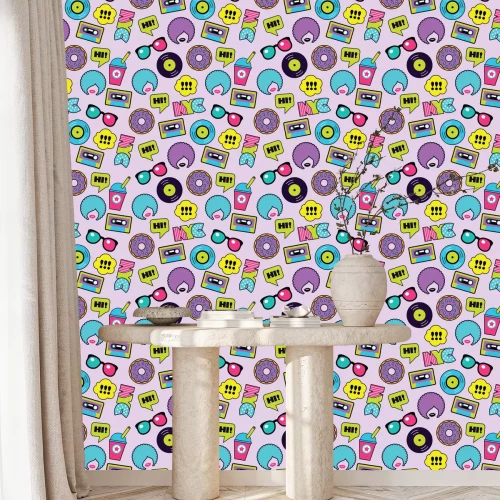 Tapete buntes Pop-Art nahtloses amerikanisches Muster mit Aufnähern und Aufklebern