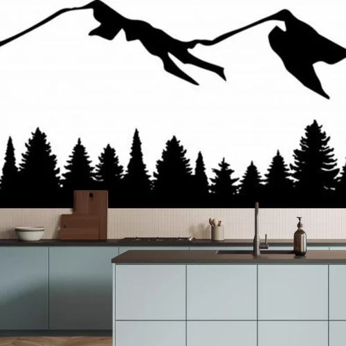 Sticker Minimalistische Grafik mit Bergen und Wald