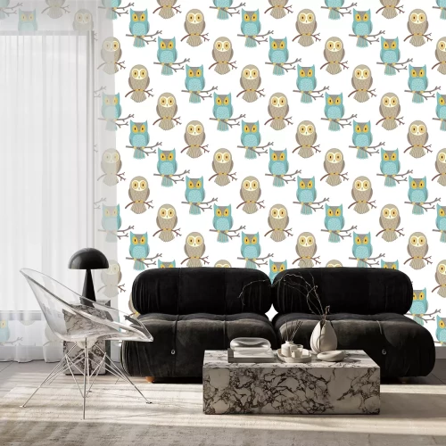 Tapete Blaue Eulen für Jungen