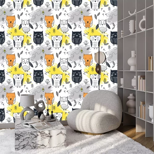 Tapete Eulen für Kinder mit Bienen und Blättern