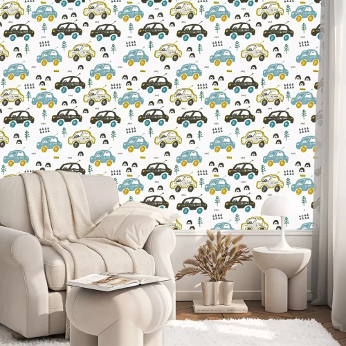 Tapete Muster mit Autos.  Hand gezeichnete Autos auf der Straße.  Skandinavisches Design.  Dekorative abstrakte Kunst.
