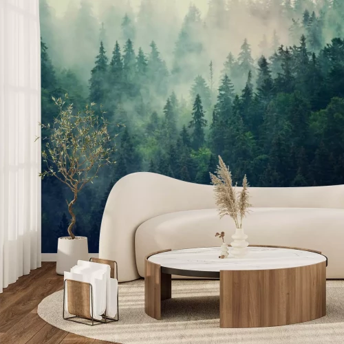 Fototapete Nebelhafte Landschaft mit Tannenwald im Retro-Stil des Hipster-Jahrgangs