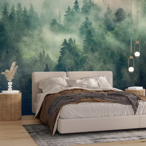 Fototapete Nebliger Tannenwald in Grün- und Brauntönen