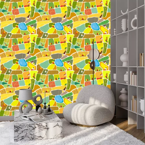 Tapete Nahtloses Muster der Herbstlandschaft mit Häusern, Bäumen und See, Tourismuskarte. Vektorgrafikillustration