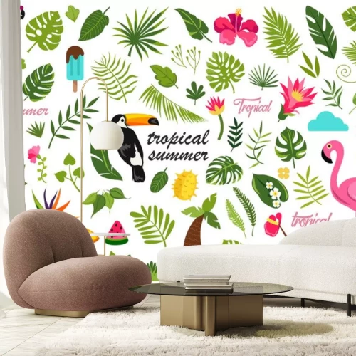 Sticker Cartoon-Satz von flachen Sommerdekorelementen.  tropisches Design.  Vektorillustration