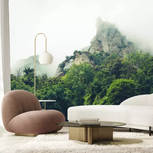 Fototapete Berge nahe Montserrat Abbey in Spanien. Wolken und Nebel. Bäume auf Klippen.