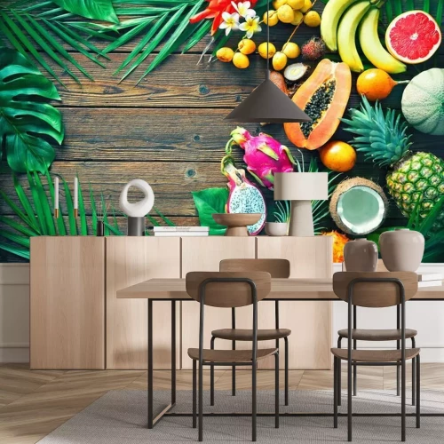 Sticker Exotische Früchte und Blätter auf dem Tisch