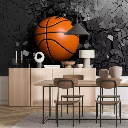 Fototapete Orangefarbener Ball 3D vor dem Hintergrund einer schwarzen Wand