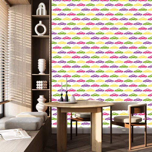 Tapete Doodle Autos Hintergrund. Nahtloses Babymuster im Vektor. Textur für Tapeten, Füllungen, Webseitenhintergrund