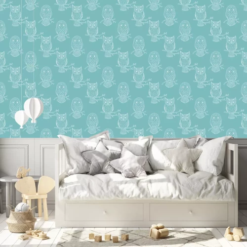 Tapete Weiße Umrisse von Eulen auf blauem Hintergrund