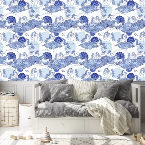 Tapete Einhorn und Wolke und Mandala Design für Fantasie Porzellan Blau und Weiß Ton mit weißem Hintergrund nahtlosen Muster Muster Vektor