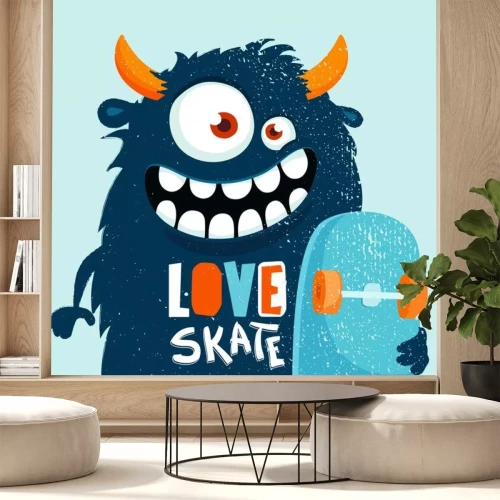 Sticker Lustiges Cartoon-Monster mit Skateboard.  Vektorillustration