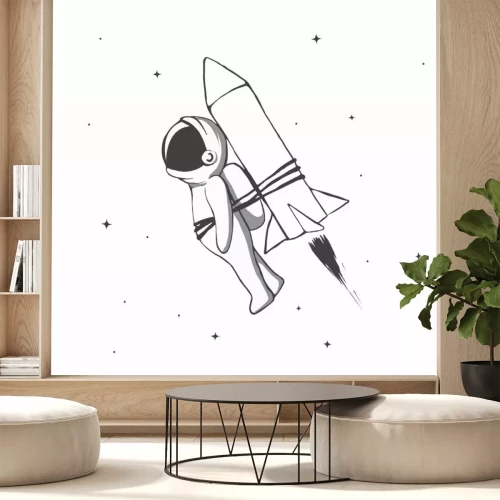 Sticker Kosmischer Astronaut im Weltraum mit Seil an Rakete gefesselt