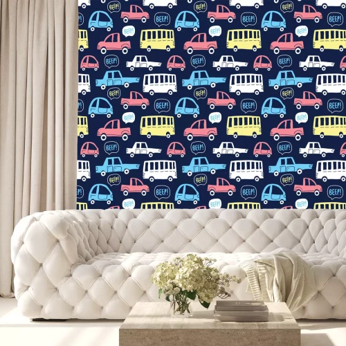 Tapete Nahtloses Muster mit niedlichen Autos auf dunklem Hintergrund
