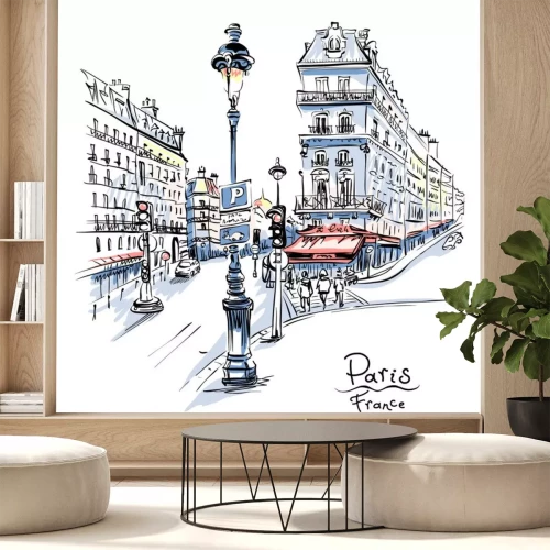 Sticker Vektorhandzeichnung.  Pariser Straße mit traditionellen Häusern und Laternen, Paris, Frankreich.