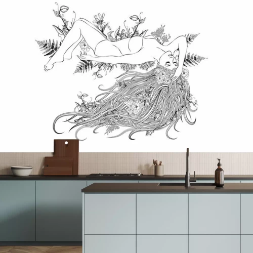 Sticker Junge Frau mit langen Haaren und Blumenkranz mit Herzblättern