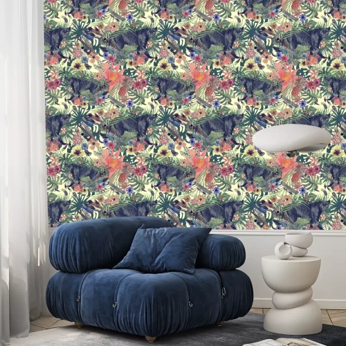 Tapete Nahtloses handgezeichnetes Aquarellmuster mit Panther, Blättern, Blumen, Federn