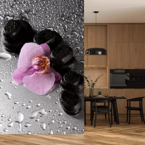 Sticker Spa Steine ​​und Orchidee Blume, auf nassen grauen Hintergrund.