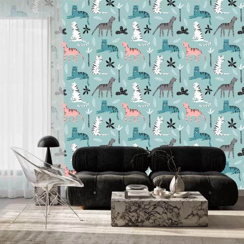 Tapete Nahtloses Muster mit Tigern, Palmzweig und tropischem Hintergrund.  Kreative kindliche Textur des Dschungels.  Ideal für Stoff, Textil Vektor-Illustration