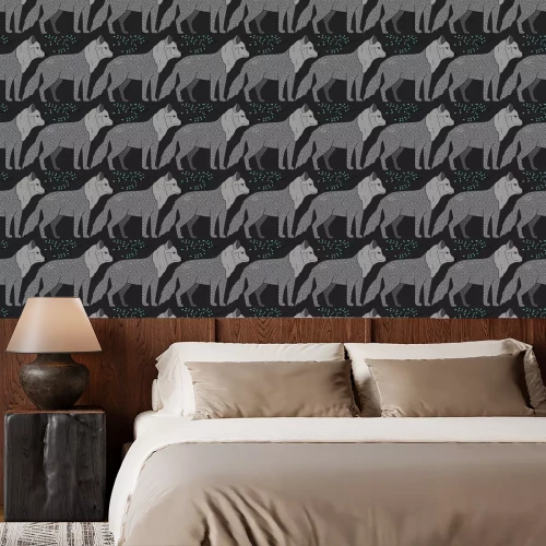 Tapete Graue Wölfe und kleine Blätter auf schwarzem Hintergrund