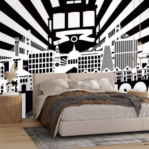 Sticker San Francisco Skyline Trolley und Sonnenstrahlen mit Textvektorillustration