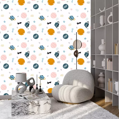 Tapete Nettes Raum nahtloses Muster mit handgezeichneten Planeten und Sternen.  Trendy Kindergrafik.  Vektorillustration.