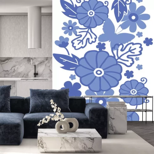 Sticker Blaue Blumen auf einem volkstümlichen Muster