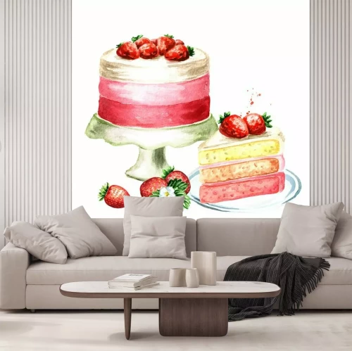 Sticker Erdbeerkuchen Geburtstag oder Hochzeit Komposition.  Gezeichnete Illustration der Aquarellhand, lokalisiert auf weißem Hintergrund