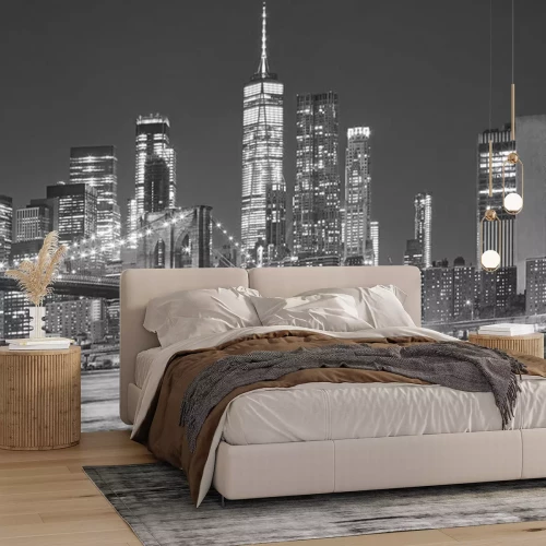 Fototapete Brooklyn Bridge und Manhattan Nachtansicht in Schwarz-Weiß