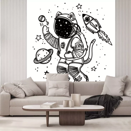 Sticker Astronautenkatze spielt mit Planeten