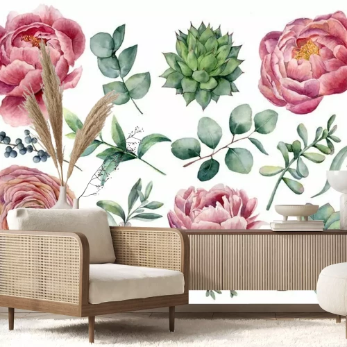 Sticker Watercolor peony, succulent and ranunculus floral set. Hand painted red and blue berry, eucalyptus leaves isolated on white background. Illustration for design, print.