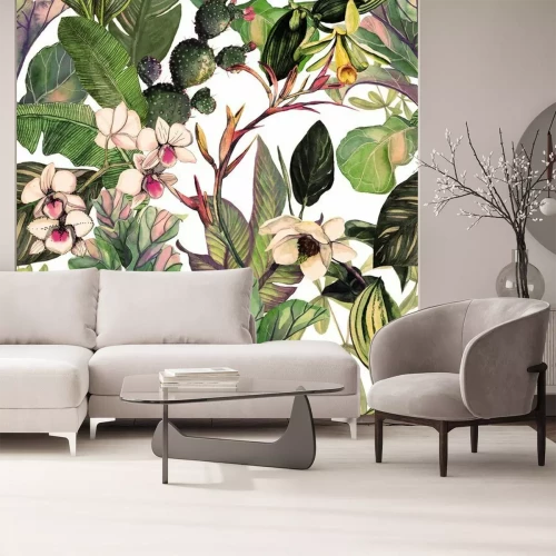 Sticker  Seamless pattern with tropical leaves and flowers. watercolor pattern with a magnolia flower, orchids, cactus, white orchid phalinopsis. Botanical background