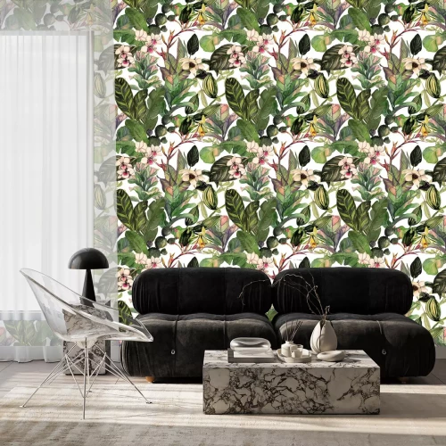 Tapete  Seamless pattern with tropical leaves and flowers. watercolor pattern with a magnolia flower, orchids, cactus, white orchid phalinopsis. Botanical background