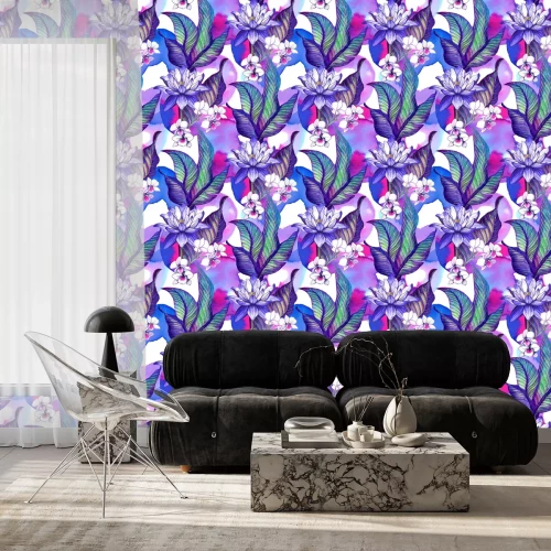 Tapete Nahtloses Muster mit tropischen Blättern. Aquarellmuster mit Lotusblumen- und Aquarellflecken, weiße Orchidee Phalaenopsis