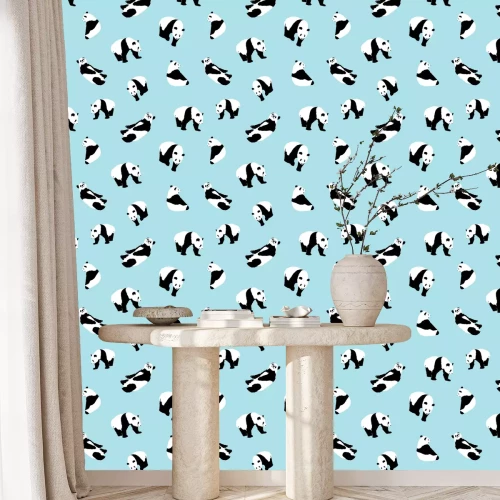 Tapete Schwarz-weiße Pandabären auf blauem Hintergrund