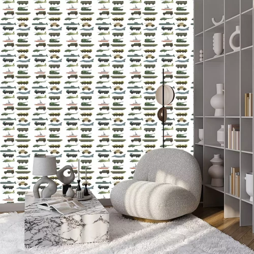 Tapete Militärische Transportvektorfahrzeugtechnikarmeekriegspanzer und Industriepanzerabwehrtransportwaffe nahtlose Musterhintergrundillustration