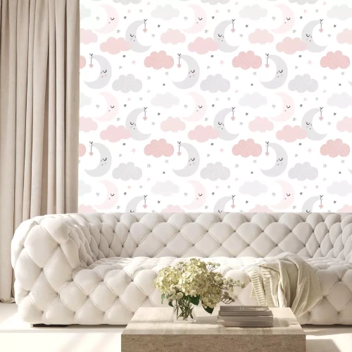 Tapete Cute sky pattern. Seamless vector design with smiling, sleeping moon, hearts, stars and clouds. Baby illustration. 
