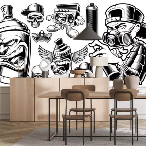 Sticker Set of black and white graffiti characters.
