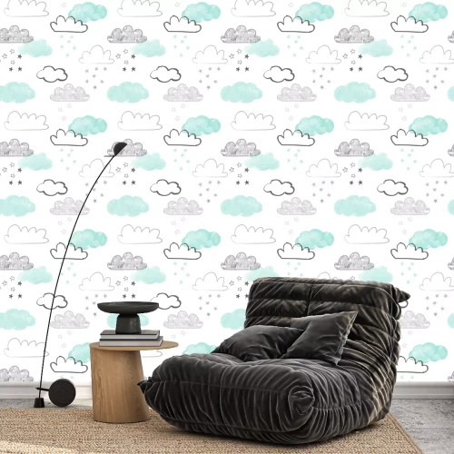 Tapete Doodle clouds pattern. Hand drawn vector seamless background with clouds and stars in grey and teal. Scandinavian style print. 
