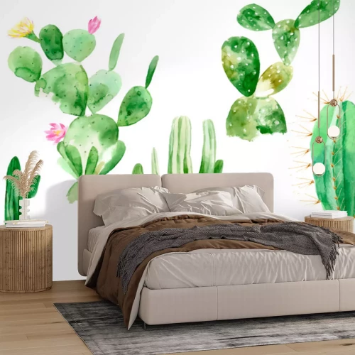 Sticker Set of watercolor cactus illustrations on white background in vector format. Hand drawn blooming plants set for office indoor. Blossom mexican cactus from desert.