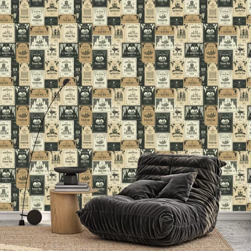 Tapete Vector seamless pattern on the theme of wine with various wine labels with images of grapes, landscapes, winery, castles, sailboats, fruits and other in retro style